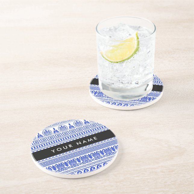 Greek Fret, Mixed Meander Key, Blue, Your Name Coaster (Side)
