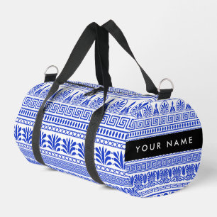 Greek Fret, Mixed Meander Key, Blue, Your Name Duffle Bag