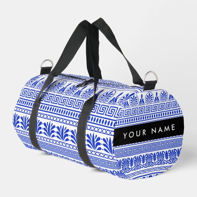 Greek Fret, Mixed Meander Key, Blue, Your Name Duffle Bag (Left Corner)