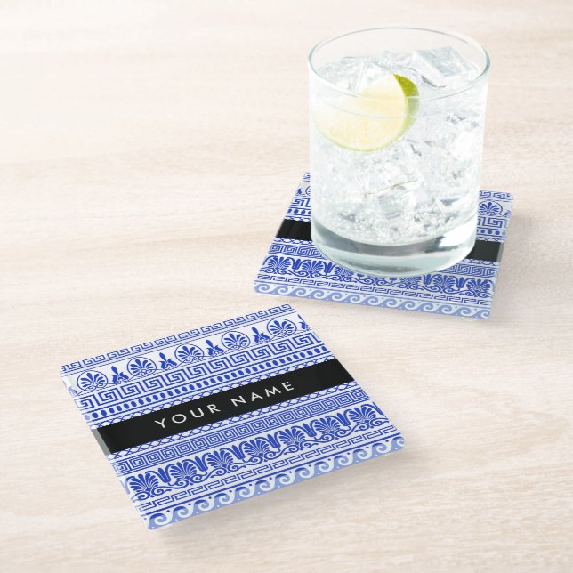 Greek Fret, Mixed Meander Key, Blue, Your Name Glass Coaster (Angled)