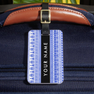 Greek Fret, Mixed Meander Key, Blue, Your Name Luggage Tag