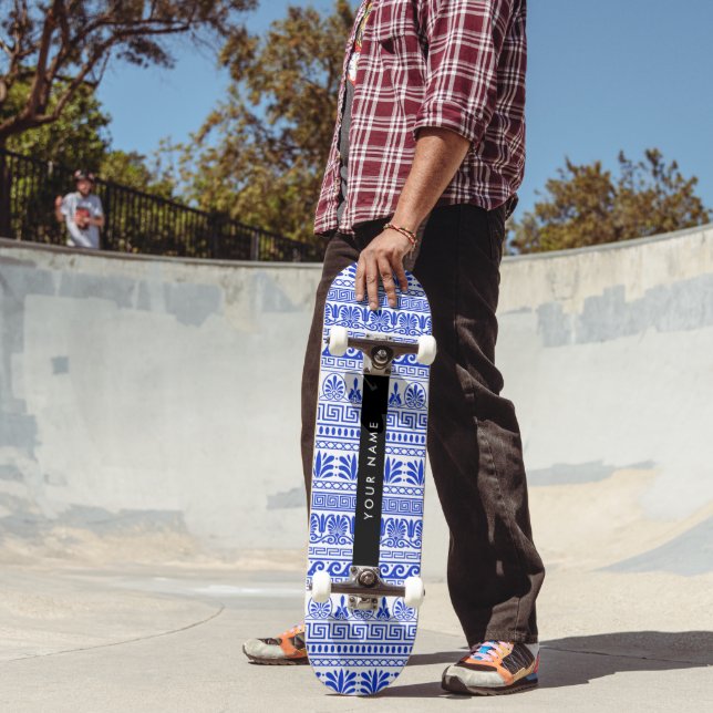 Greek Fret, Mixed Meander Key, Blue, Your Name Skateboard (Outdoor 2)