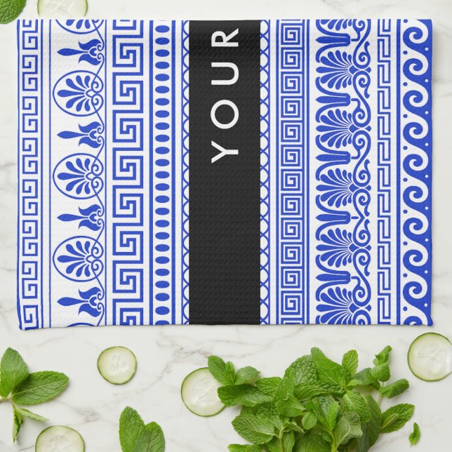 Greek Fret, Mixed Meander Key, Blue, Your Name Tea Towel (Folded)