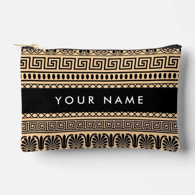 Greek Fret, Mixed Meander Key, Brown, Your Name Accessory Pouch (Front)