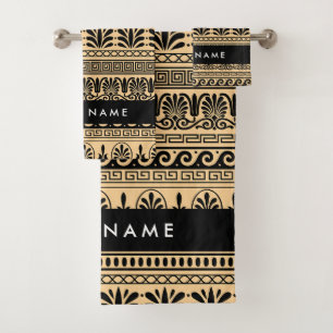 Greek Fret, Mixed Meander Key, Brown, Your Name Bath Towel Set