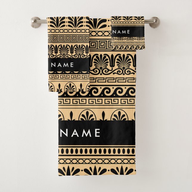 Greek Fret, Mixed Meander Key, Brown, Your Name Bath Towel Set (Insitu)