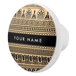 Greek Fret, Mixed Meander Key, Brown, Your Name Ceramic Knob