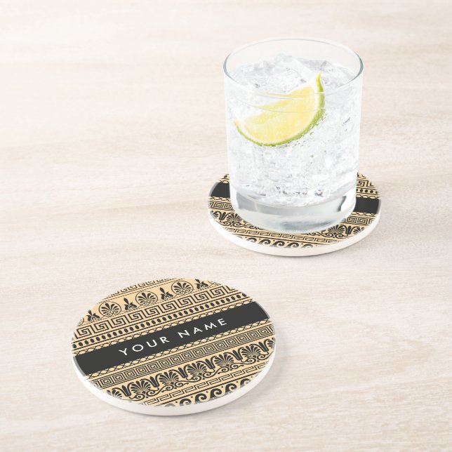 Greek Fret, Mixed Meander Key, Brown, Your Name Coaster (Side)