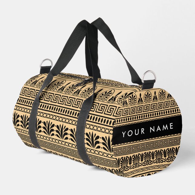 Greek Fret, Mixed Meander Key, Brown, Your Name Duffle Bag (Left Corner)