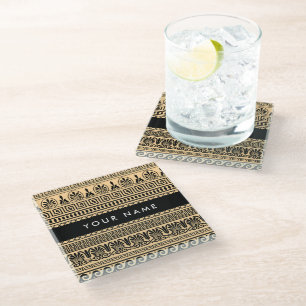 Greek Fret, Mixed Meander Key, Brown, Your Name Glass Coaster