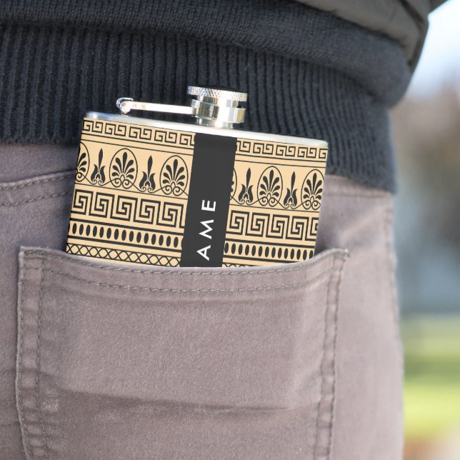 Greek Fret, Mixed Meander Key, Brown, Your Name Hip Flask (In Situ)