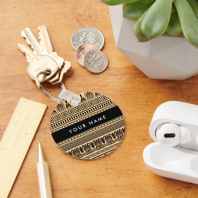 Greek Fret, Mixed Meander Key, Brown, Your Name Key Ring (Desk)