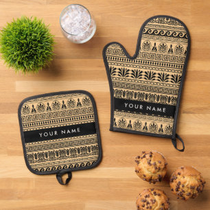 Greek Fret, Mixed Meander Key, Brown, Your Name Oven Mitt & Pot Holder Set