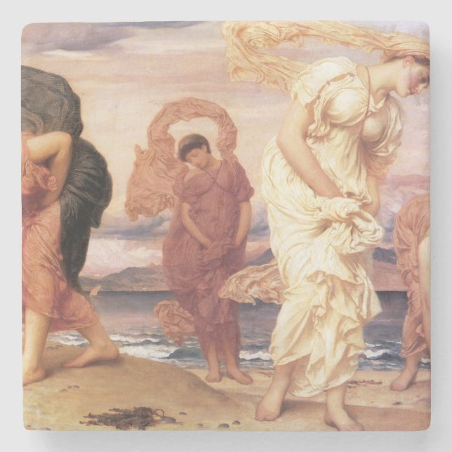 Greek Girls Picking up Pebbles on a Sandy Beach Stone Coaster (Front)