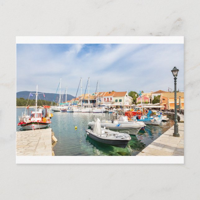 Greek harbour with sailing boats in Fiskardo Postcard (Front)