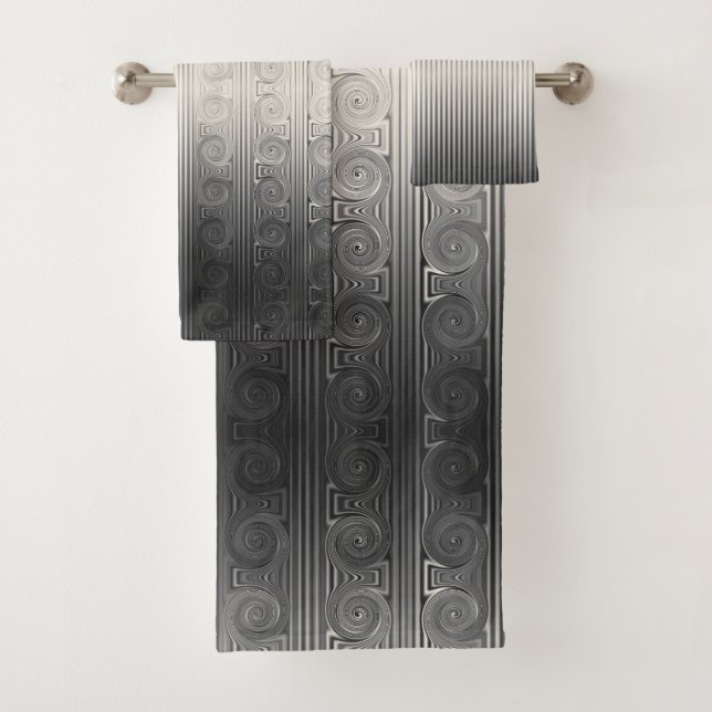 Greek Ionic Column Scroll and Line Ombre Grey Bath Towel Set (Insitu)