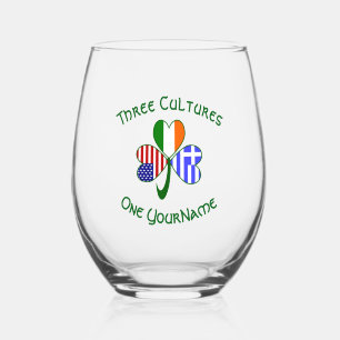 Greek Irish American Flags Shamrock Personalised  Stemless Wine Glass