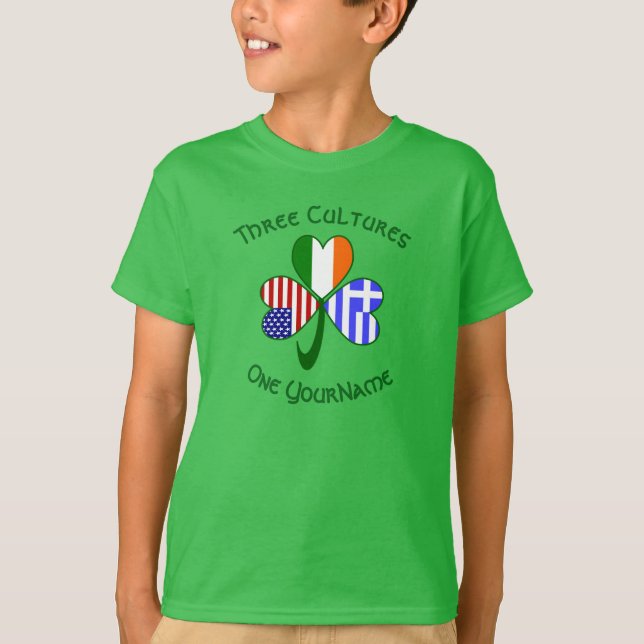 Greek Irish American Flags Shamrock Your Name T-Shirt (Front)