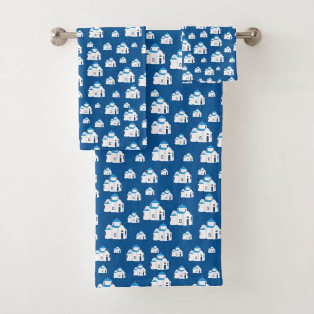 Greek Island Santorini Blue Dome Church  Bath Towel Set (Insitu)
