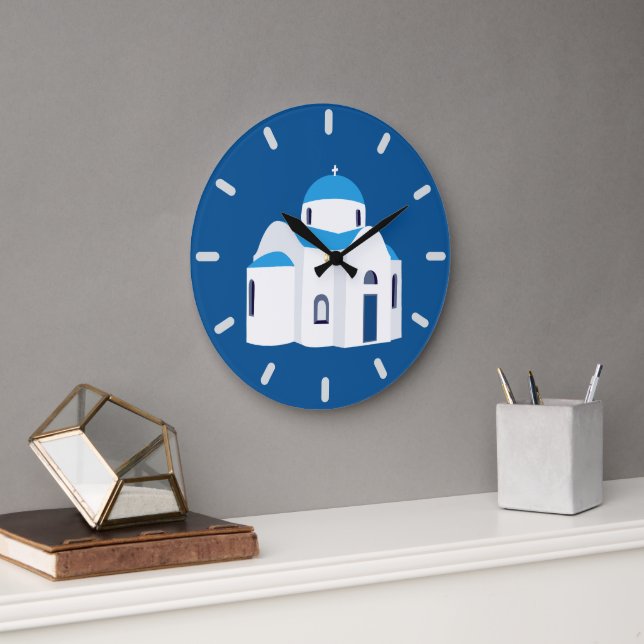 Greek Island Santorini Blue Dome Church  Large Clock (Office)