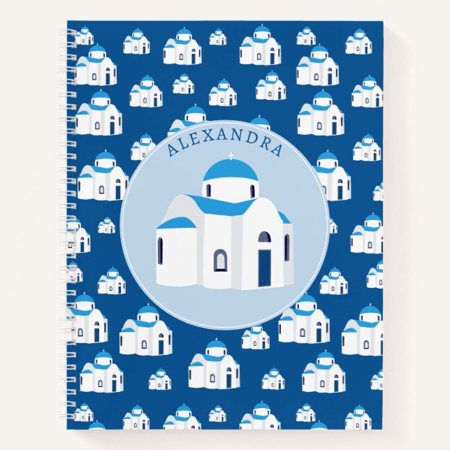 Greek Island Santorini Blue Dome Church Monogram Notebook (Front)
