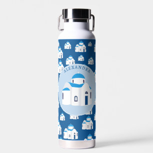 Greek Island Santorini Blue Dome Church Monogram Water Bottle