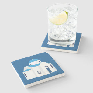 Greek Island Santorini Blue Dome Church  Stone Coaster