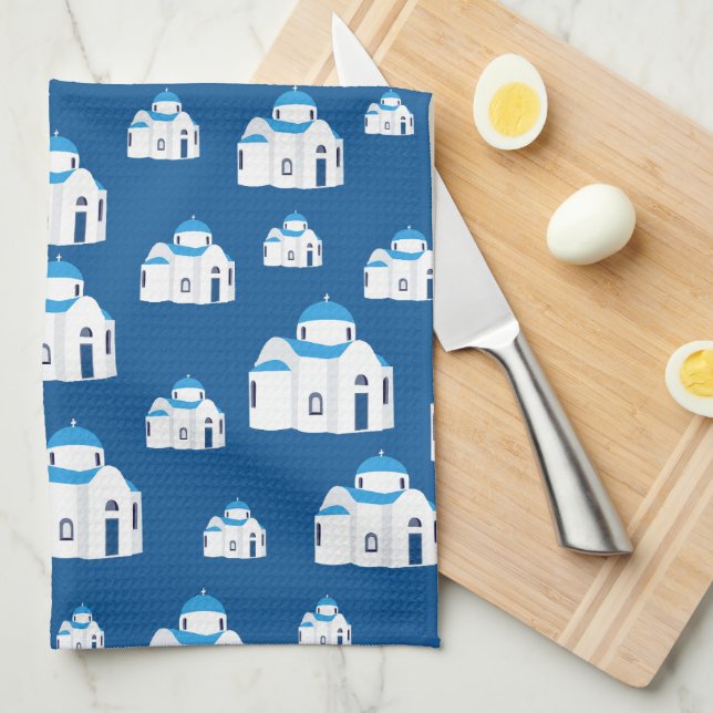 Greek Island Santorini Blue Dome Church  Tea Towel (Quarter Fold)