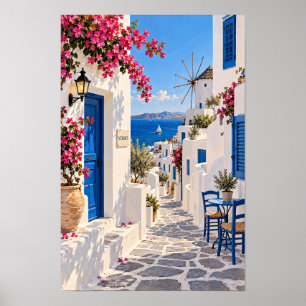 Greek Island Whitewashed Lane and Windmill Wall Ar Poster