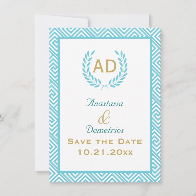Greek key and laurel wreath teal request 3 save the date (Front)