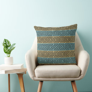 Greek Key Aqua Teal and Black with Gold Stripes Cushion