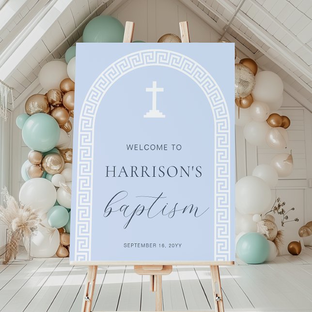 Greek Key Arch Blue Baptism Welcome Sign (Welcome Sign Baptism Greek Key Blue)