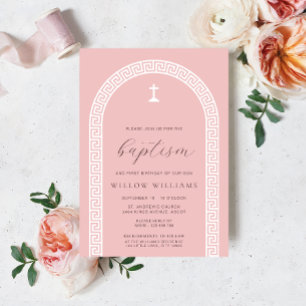 Greek Key Arch Dusty Rose Baptism Invitation