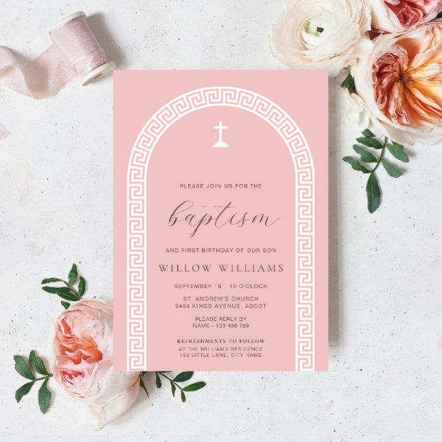 Greek Key Arch Dusty Rose Baptism Invitation (Baptism Invitation Greek Key Pink White )