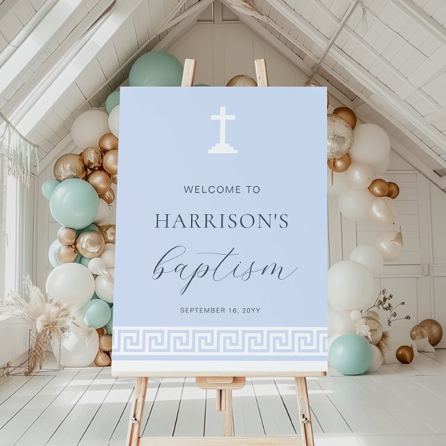Greek Key Blue Baptism Welcome Sign (Welcome Sign Poster)