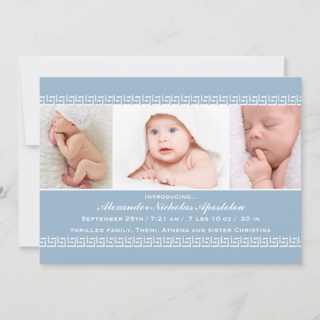 Greek Key Blue Photo Birth Announcement (Front)