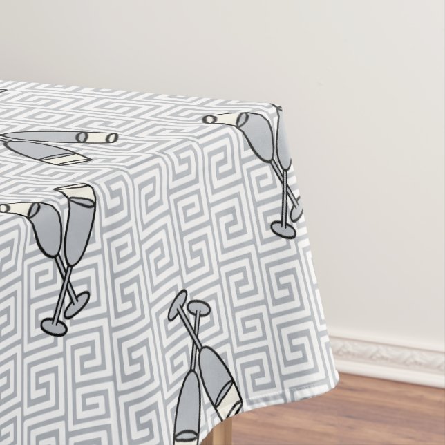 Greek Key Celebration Toast - Silver & White Tablecloth (In Situ)