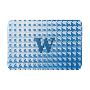 Greek Key, cerulean blue and white Bath Mat