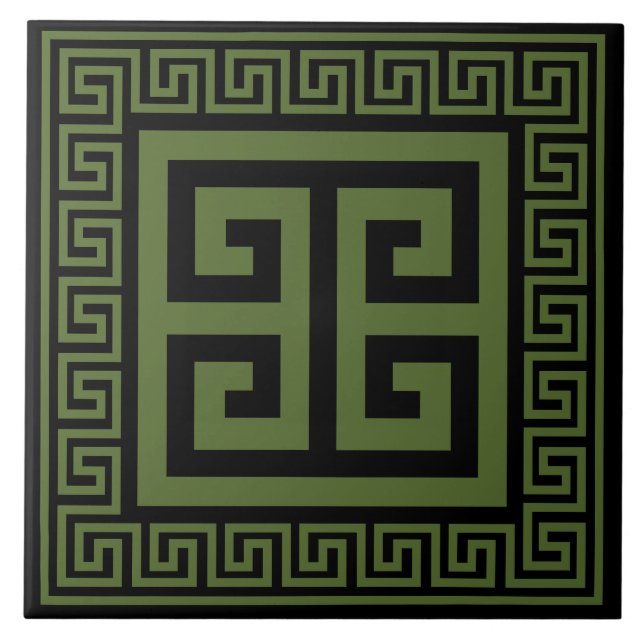 Greek Key Dark Olive Green On Black Ceramic Tile (Front)