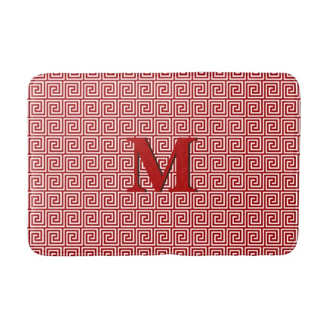 Greek Key, deep red and white Bath Mat (Front)