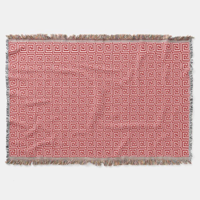 Greek Key, deep red and white Throw Blanket (Front)