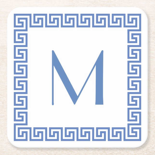 Greek Key Design Monogram Square Paper Coaster (Front)