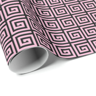 Greek Key design - pink and black enamel look Wrapping Paper