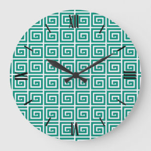 Greek Key design - teal and white Large Clock