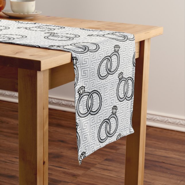 Greek Key Engagement Wedding - Silver & White Medium Table Runner (In Situ)