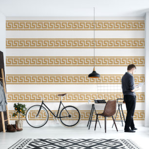Greek Key Gold on White Designer Wallpaper