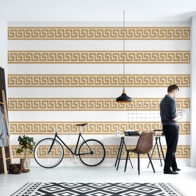 Greek Key Gold on White Designer Wallpaper (Living Room)