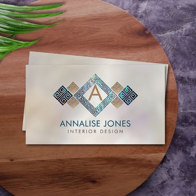 Greek Key Greek meander Monogram Abalone Gold Business Card (Creator Uploaded)