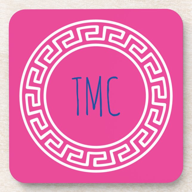 Greek Key INITIALS College Sorority Pink Round Coaster (Front)