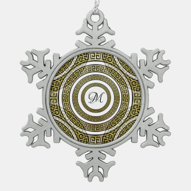 Greek Key Meander in Geometric Symmetry Monogram Snowflake Pewter Christmas Ornament (Front)